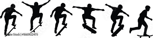 Silhouette sequence of skateboarder executing ollie trick with dynamic motion, showcasing technique, balance, and athletic skill in progression.