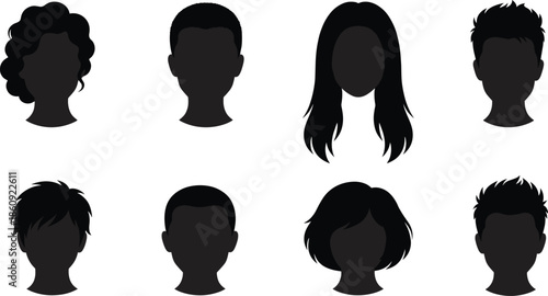 Silhouettes of diverse human head profiles with various hairstyles, representing individuality, style variation, and cultural identity in design.