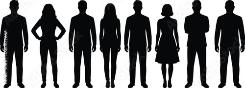 Silhouettes of diverse individuals in varied attire and posture, symbolizing inclusion, gender balance, and human representation in visual design.
