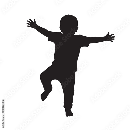 Child balancing with arms out silhouette boy balancing on one leg kid active play recreation childhood fun black white illustration
