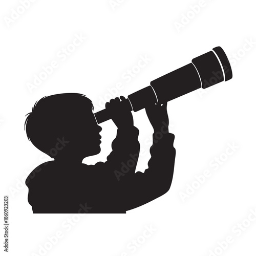 Young boy looking through telescope silhouette. Child observing stars exploring cosmos. Little astronomer gazing sky, discovery concept. Youth dreaming space adventure, scientific curiosity.