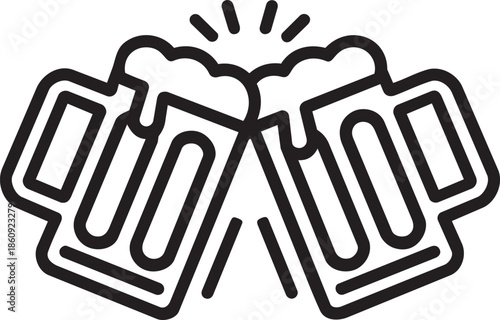 Outline Style Toasting Beer Steins Icon for Oktoberfest Celebration and Social Drinking Concept