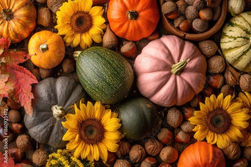 Wallpaper Mural Autumnal harvest of pumpkins, sunflowers, and nuts Torontodigital.ca