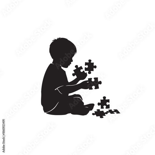 Boy Playing Jigsaw Puzzle Child Solving Brain Teaser Game Education Learning Fun Intellectual Activity