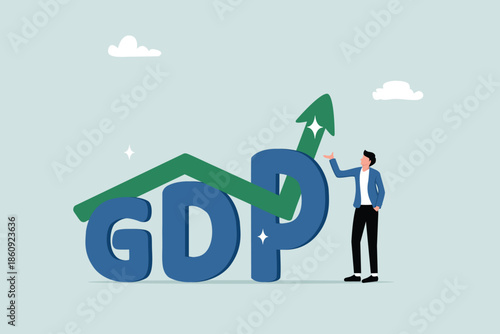 GDP (Gross Domestic Product), import or export for national income growth, stock market profit value, annual percentage value report concept, entrepreneurs with GDP word and growth graphs and charts.