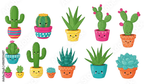 Cute cartoon cacti and succulents vector illustration set with potted plants isolated on white background