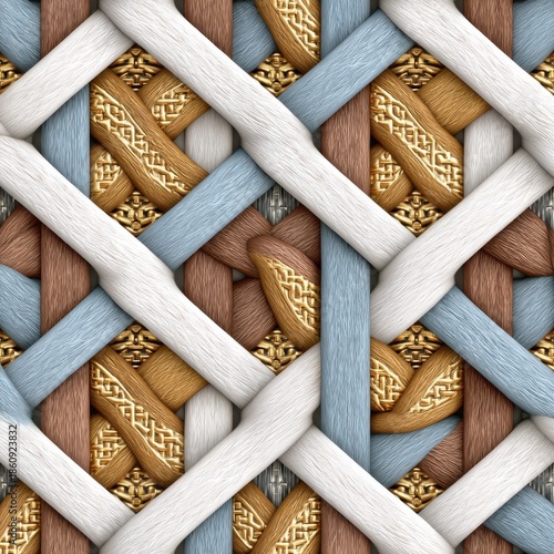 Woven Textile Pattern With Intersecting Strands In White Blue Gold and Brown Hues
