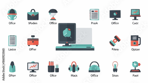 Office Supplies and Equipment Icons for Business and Productivity.