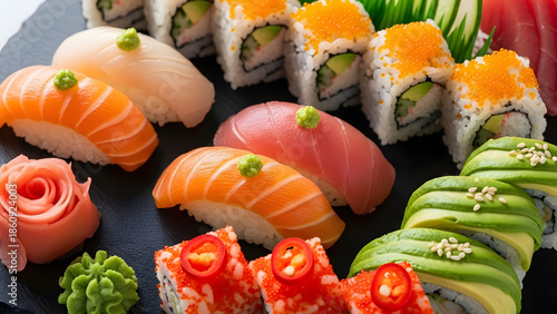 Delicious Assortment of Fresh Sushi and Sashimi Rolls Artfully Arranged on a Dark Platter