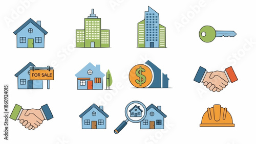 Real Estate Icons - Houses, Buildings, Key, Handshakes, and More.