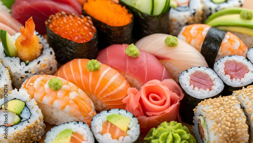 Abundant Close-up Spread of Fresh Delicious Sushi and Sashimi Featuring Various Types and Textures