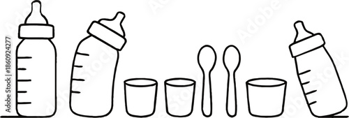 Childcare essentials sketch design newborn baby bottles cups and spoons line drawing set simple vector illustration infant feeding accessories objects.