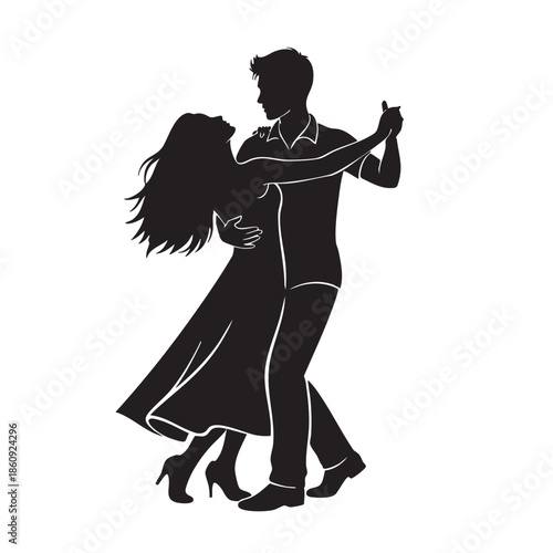 Elegant Couple Dancing Silhouette Dynamic Movement Graceful Ballroom Partnership Timeless Dance Posture Sophisticated Performance Black and White Vector Art