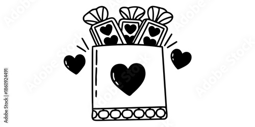 A simple illustration of a card with a heart on it surrounded by love symbols
