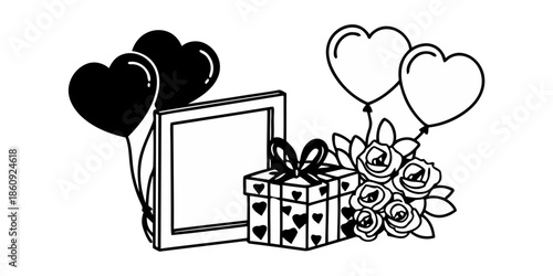 A gift box and flowers surrounded by heart-shaped balloons illustration