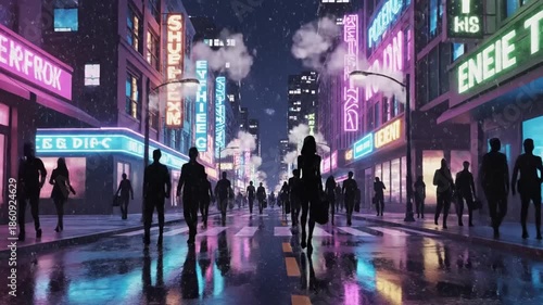 Wallpaper Mural A rainy street scene at night in a city with neon signs, silhouetted people Torontodigital.ca