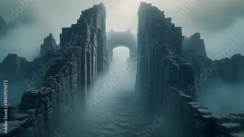 Ancient Ruins Emerging from Fog Cinematic Background