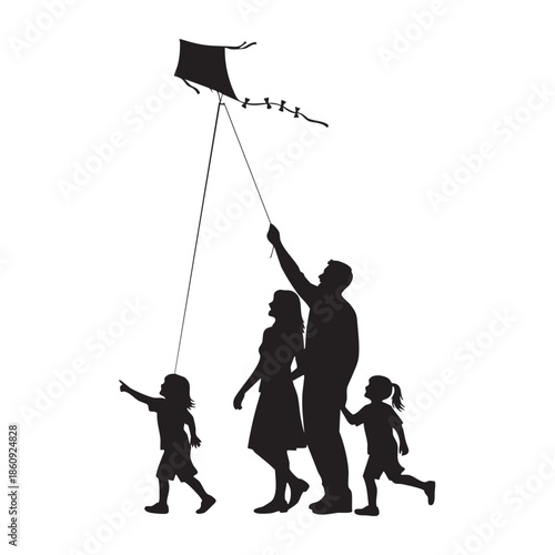 Family flying kite outdoors parents children having fun leisure activity together recreation vector graphic isolated white background childhood joy concept