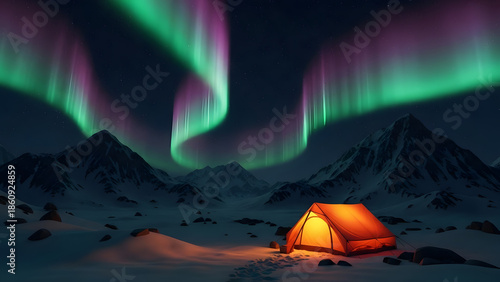 Single Illuminated Tent in a Snowy Mountain Landscape Under a Spectacular Green and Purple Aurora Borealis