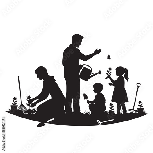 Family Gardening Silhouette Black White Vector Art Design Father Mother Children Planting Flowers Tools Outdoors Recreation Nature Spring Summer Activity
