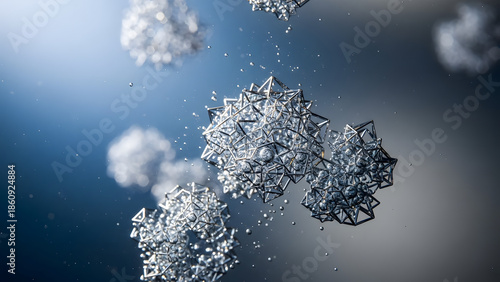 Abstract 3D Rendering of Complex Crystalline Structures on a Blue Gradient Background, Science Concept