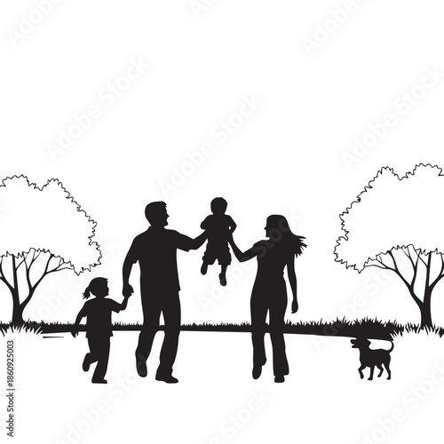 Happy Family Walking Park Silhouette Black White Vector Art Design Parents Children Baby Dog Outdoors Recreation Green Space Trees