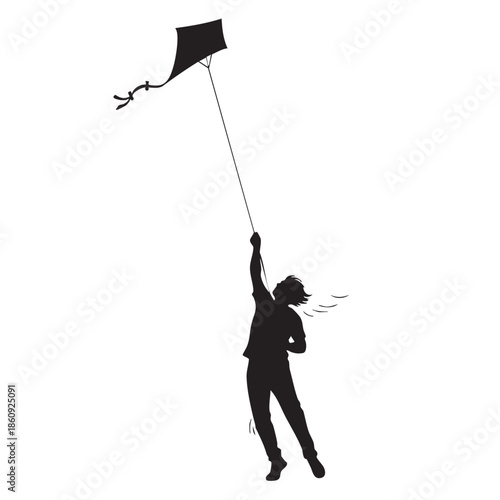 Boy Flying Kite Silhouette Black White Vector Art Design Child Outdoor Play Recreation Fun Wind Sky Freedom Childhood Spirit