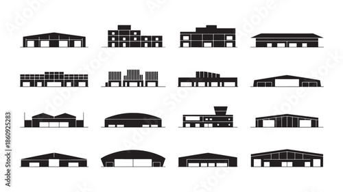 Collection of architectural building silhouettes in various styles and designs