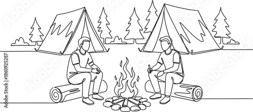 Tourists sitting by the fire. two men sitting near fire on a hike. A stop on the journey. One continuous line drawing. Linear. Hand drawn, white background. One line