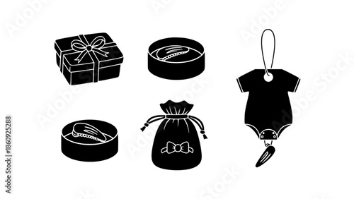 Elegant Gift Presentation Set Featuring Wrapped Boxes Jewelry Tins Drawstring Pouches And Decorative Infant Themed Tags