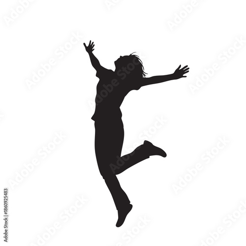 Happy Woman Jumping with Arms Raised Silhouette Vector Joyful Person Celebrating Success or Freedom Energetic Leap Expressing Exuberance Dynamic Pose