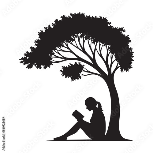 Girl Reading Book Under Tree Silhouette Vector Image Young Woman Enjoying Literature in Nature Serene Outdoor Activity Peaceful Reading Spot