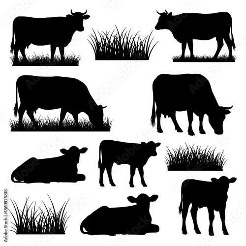 Cattle and Calf Grass Silhouette Icons Vector Collection