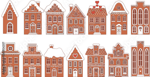 Vector Illustration Set of Detailed Gingerbread Houses with White Icing Decorations Hearts and Snow for Christmas Holiday Winter Season Design Projects