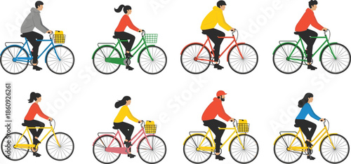 Flat Vector Illustration Set of Diverse Men and Women Riding Colorful Bicycles with Baskets for Urban Transport Healthy Lifestyle and Commuting