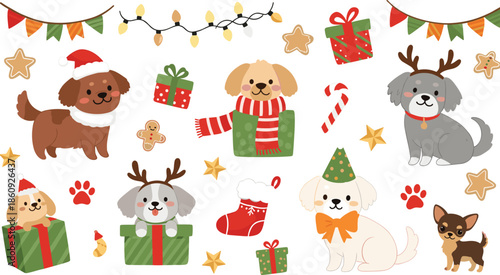 Cute Christmas Dogs Vector Illustration Set with Puppies Wearing Santa Hats Reindeer Antlers and Scarves with Holiday Gifts and Decorations