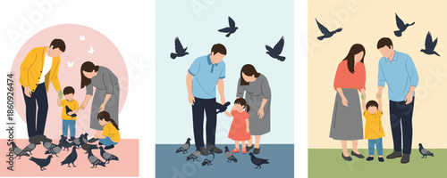 Flat Vector Illustration Set of Happy Young Asian Families with Children Feeding Pigeons in Public Parks and Outdoor Natural Environments