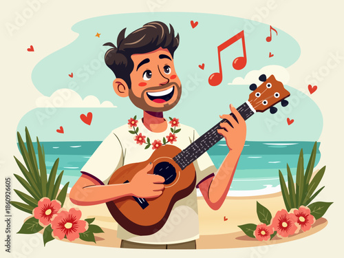 Charming Doodle of Man Playing Ukulele on Tropical Beach