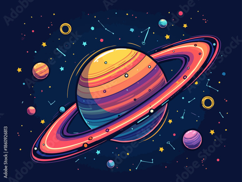 Energetic Doodle of a Distant Planet with Constellations and Rings, Vector Style