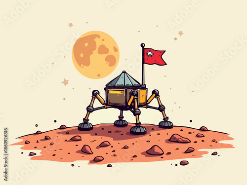 Futuristic Doodle of a Lunar Lander Planting a Flag on the Moon with Grid Background
