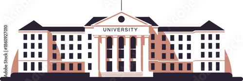 Classical architectural illustration of a grand university building facade featuring columns and pediment under a stylized sunset sky background