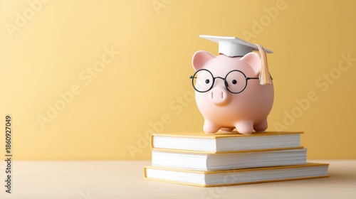 Piggybank wearing mortarboard stands on stacked books, symbolizing education and financial literacy in a bright, cheerful setting