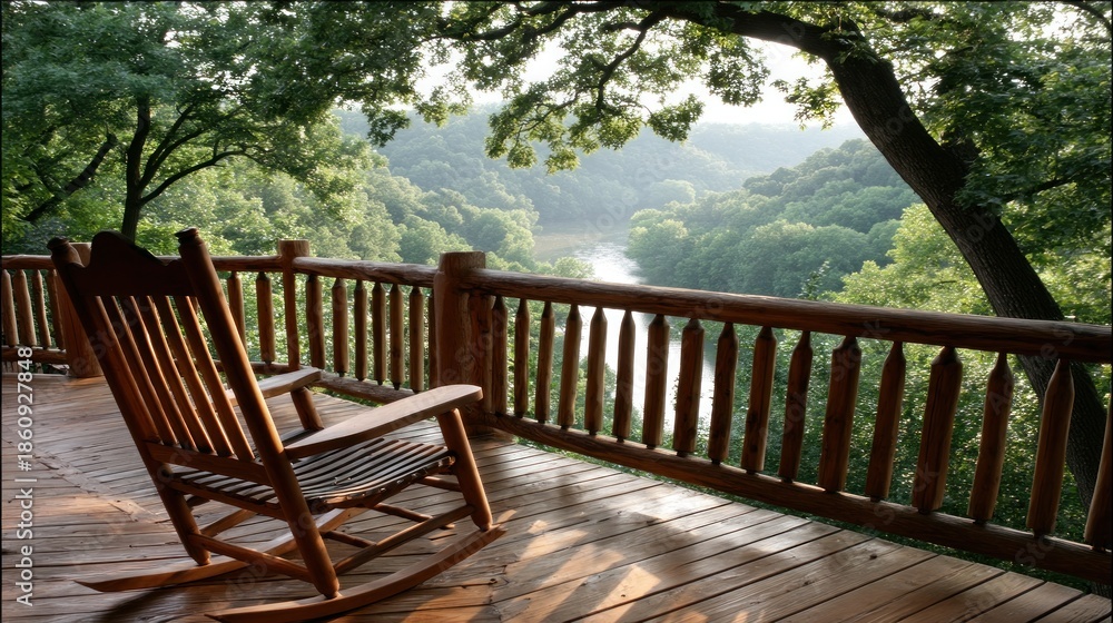 Obraz premium A wooden rocking chair on a porch overlooking a serene river valley, bathed in the soft light of a summer day.