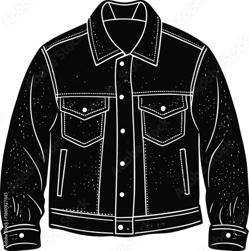 Classic Black Denim Jacket Illustration - Vintage Style Trucker Jean Jacket with Buttons and Pockets Hand-Drawn Vector Art PNG Transparent Background