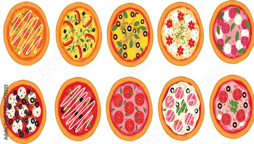 Set of Ten Delicious Pizza Vector Illustrations with Various Gourmet Toppings Including Pepperoni Vegetables and Cheese Isolated on White Background for Menus