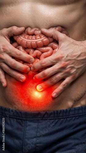 Abdominal medical illustration showing inflamed intestine and hands pressing lower abdomen with glowing pain focal point expressing visceral inflammation and digestive pain medical discomfort