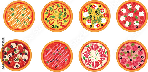 Set of Eight Delicious Pizza Vector Illustrations with Various Gourmet Toppings Including Pepperoni Vegetables and Cheese Isolated on White Background for Menus