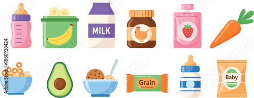 Set of Flat Vector Illustrations Featuring Healthy Baby Food Items Including Milk Bottles Purees Fruit Vegetables and Cereals for Infant Nutrition Design