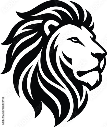 A striking black and white vector graphic of a lion head in profile view