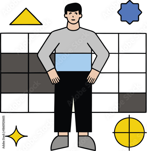 Swiss rigid grid layout in bold black shapes